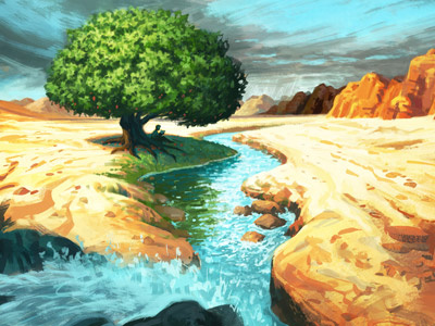 Unphased desert desolate digital painting hope illustration landscape peace stream tree