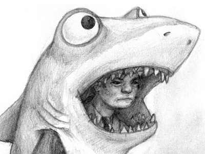 Shark Guy black and white character creature drawing illustration pencil