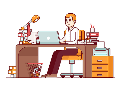 Working space computer flat illustration it line man overloaded space table vector web working