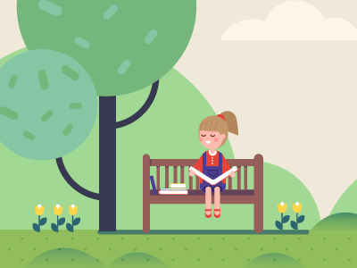 Reader bench book design flat girl illustration kid material reading tulips vector web