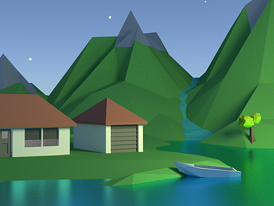 Low Poly Landscape 3d blender boat garage house lake landscape lowpoly polygon river tree