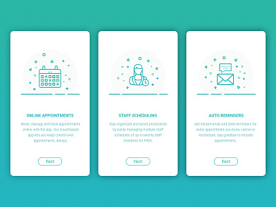 Onboarding Screens - Appointment Booking App app design green icons illustrations minimal mobile onboarding screens