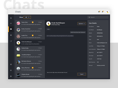 Live Support Dashboard - Chat Section agent app chat crm dark dashboard design help live message support web