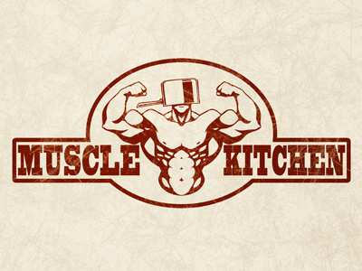 Muscle Kitchen Logo branding chef cook emblem identity logo muscle type typography