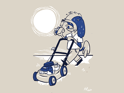 Dog, Taco, Blue, Mowing the Lawn ill illustration