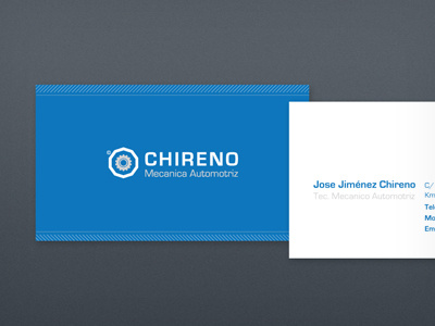 Chireno Mecanica blue branding business card clean identity logo