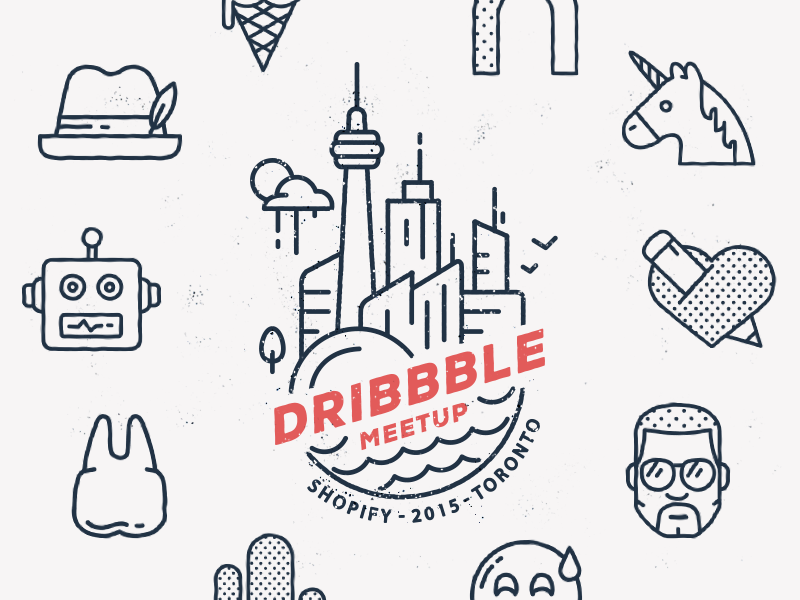 Official Dribbble Meetup - Apr 9 (Toronto) illustration dribbble flat icon icons dribbble meetup invite toronto unicorn robots hat heart city