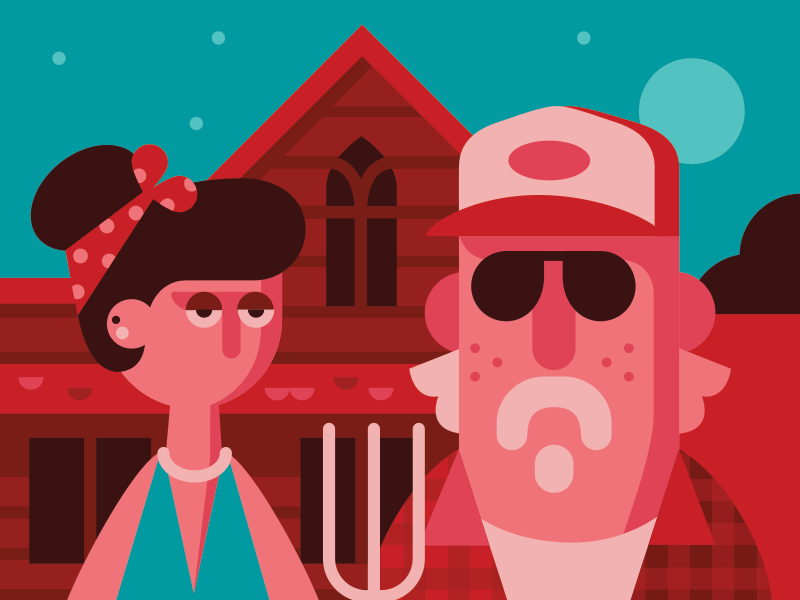New American Gothic grant wood rural south country farm house night farmers america portrait characters