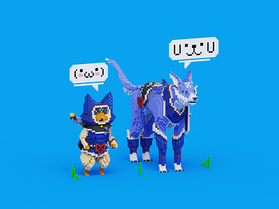 Monster Hunter Rise Palico & Palamute magical voxel voxelart