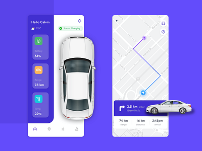 Electric Car Monitoring App app car clean dashboard design flatdesign interface ios map mobile purple