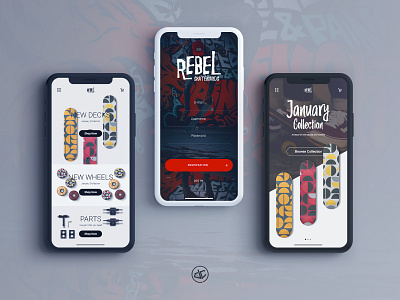 Rebel Skateboards - App Concept app branding concept digital design ecommerce ecommerce app logo mobile shop skate skateboard ui ux webshop