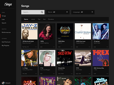 Song listing for Singa dark filtering grid karaoke search songs sorting website