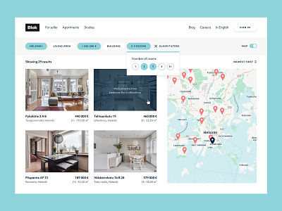 Apartment search for Blok blok button states design hover map markers maps switch ui visual design website