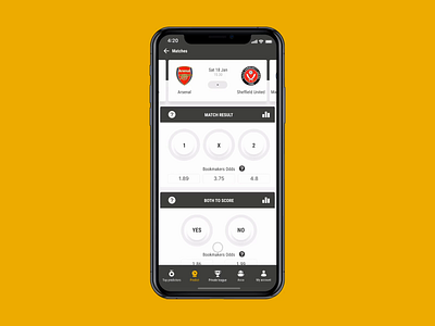 Bookbreakrs Make prediction animate animation app design bet coefficient dinarys football interaction interface keyboard match result mobile app prediction prediction app score soccer sport ui ux yellow