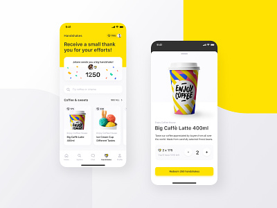 Volontuber App – Handshakes app design charity design mobile points product design redeem ui ui design ux yellow