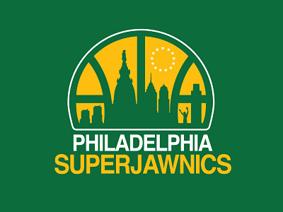 Philadelphia Superjawnics basketball green and yellow logo philadelphia philly seattle sports supersonics t shirt design vector vintage
