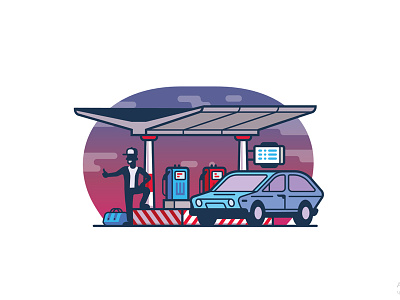 Gas station auto car evening gas hitch hiking illustration refueling road station trip vector