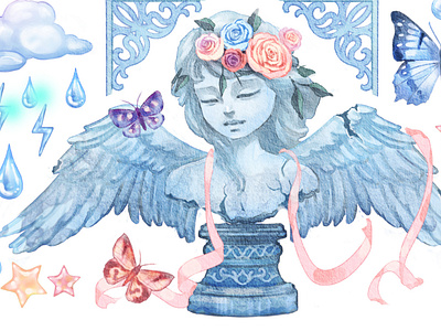 watercolor clipart, angel statue