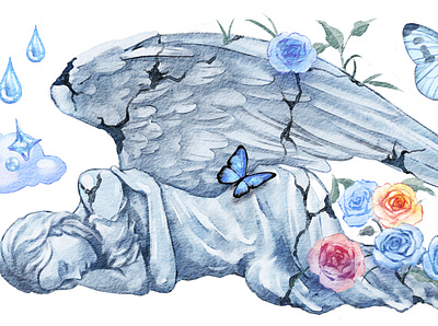 sleeping angel statue clipart graphic design illustration watercolor