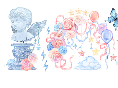 statue , rose and ballons arch, clipart clipart graphic design illustration watercolor