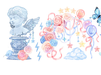 statue , rose and ballons arch, clipart