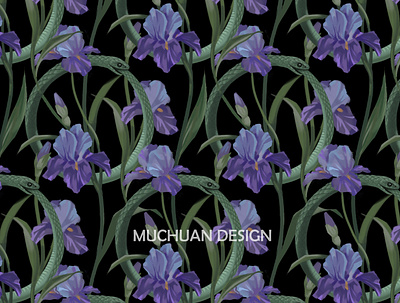 ouroboro with iris flowers(black bg) flower graphic design illustration pattern