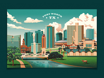 Fort Worth Travel Poster buildings clouds design dfw downtown etsy fort worth history illustration illustrator landmarks landscape longhorn photoshop poster river skyline texas travel vector