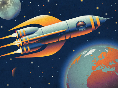 Rocket adventure blastoff blue earth explore gradient illustration illustrator launch moon orange photoshop planets rocket space stars vector