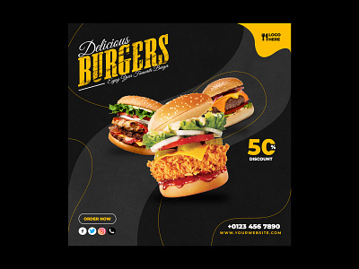 Delicious Burgers banner design branding burgers burgers design design flyer flyer design food food design graphic design logo logo design media media banner media design pizza pizza design poster design