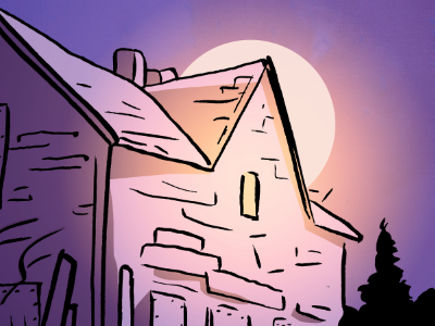 Moon creepy haunted house illustration process