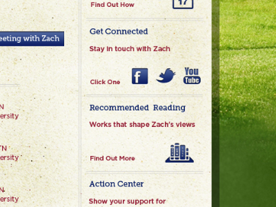 Zach for Senate Interior Right nav blue buttons icons navigation paper social media texture website