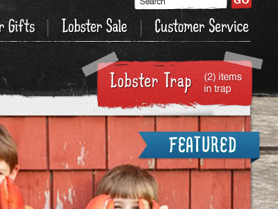 lobsteranywhere.com nav and cart blue chalkboard gallery slider hand drawn font navigation paper red shopping cart texture typography website