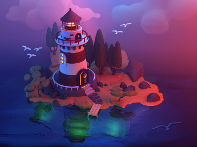 Lighthouse at night 3d 3d art 3d modeling 3drendering artwork graphic illustration lighthouse render sea