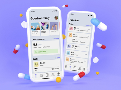 Diabetes management app 3d 3d art 3d modeling 3drendering app dashboard design diabetes graphic health illustration interface mobile pills purple render ui uiux ux violet