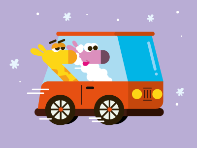 traveling and happy car effects giraffe hippy illustration outline shapes sheep speedy travel vector