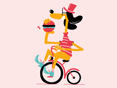 happy and hungry! bike cartoon character comics dog food hamburger illustration vector vintage