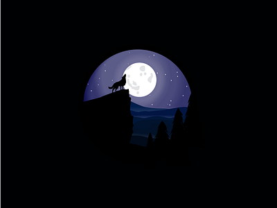 Night watch animal full moon icon illustration light mist night stars vector wolf