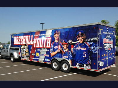 Baseball Youth Experience travel trailer wrap baseball blue little league red sports trailer white wrap youth