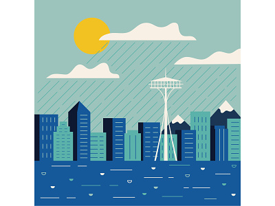 Seattle blue flat design illustration illustrator rain seattle skyline