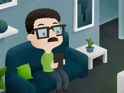 Buyer. Illustration for a video. home ipad man sofa