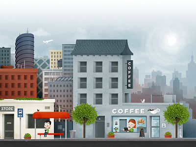 Scene. Illustration for a video. brushes buildings bus business city coffe noise scene urban
