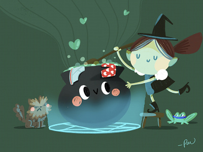 Bruja Escaldufa cartoon cat cauldron character color cute design enchantress green illustration magic potion witch