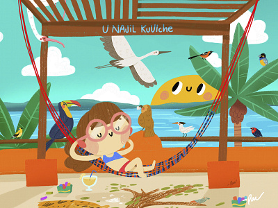 Birds of paradise bacalar bird cartoon character color cute design glasses hammock illustration lake