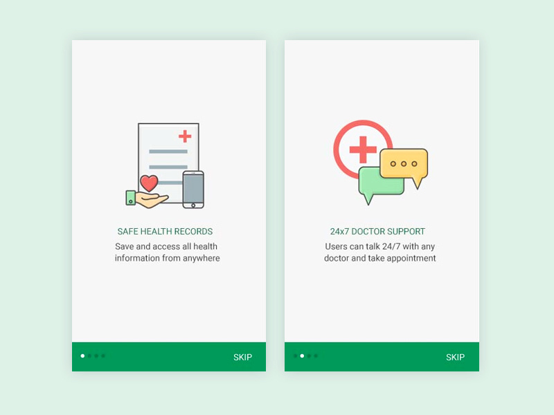 Onboarding Screens for a client app chat heart favorite mobile tour medical-icons illustrations onboarding