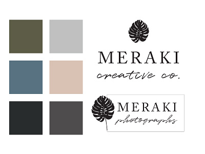 Meraki Branding black and white blush branding color palette dusty blue graphic design gray logo logo design minimal olive type