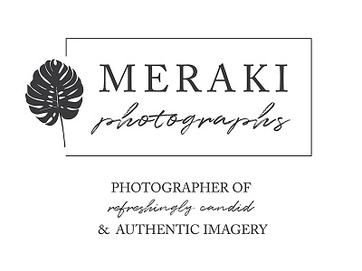 Meraki Photographs Black and White black and white branding graphic design logo logo design minimal minimalism monstera photographer plant script type