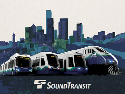 Sound Transit Skyline blue branding bus city design environment green illustration landscape light rail navy pacific northwest pnw puget sound seattle skyline sound transit train transportation washington