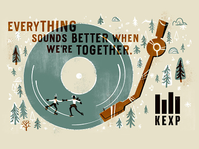 KEXP "Everything Sounds Better When We're Together" forest ice illustration kexp lake music notes player pond record seattle skate snow sound together trees turntable vinyl washington winter