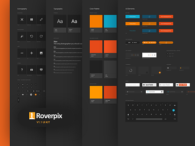 Roverpix UI Kit blue dark design system grey orange platform style guide ui kit