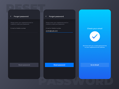 Ryds app - Reset password flow app design blue dark ui flow forgot password form mobile recover password reset password ryds success message